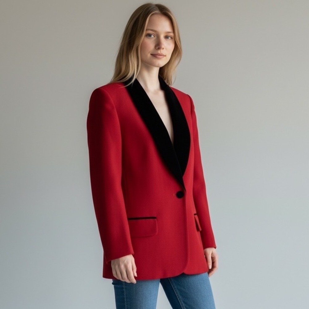 Christian Dior Vintage Red Worsted Wool Blazer Velvet Shawl Collar Sz 4 USA
